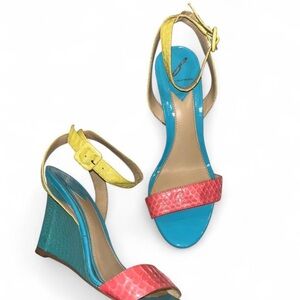 Brian Atwood Colorful Snake Embossed Wedge Sandals Sz 7.5